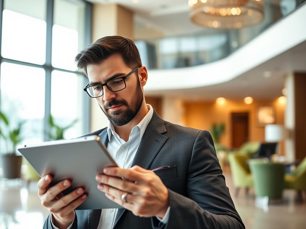 A confident hotel manager reviewing guest feedback on a tablet in a modern hotel lobby, symbolizing leadership and professional growth.