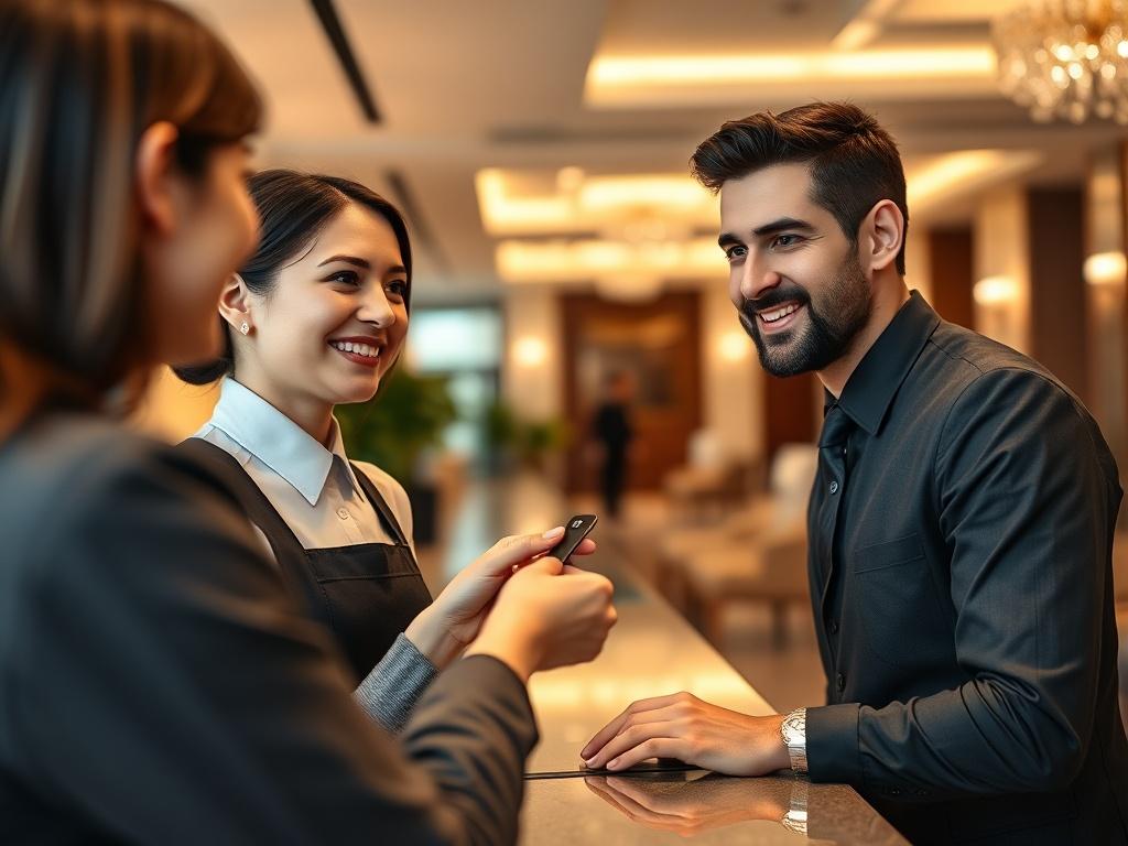 A close up shot of a hotel staff member engaging