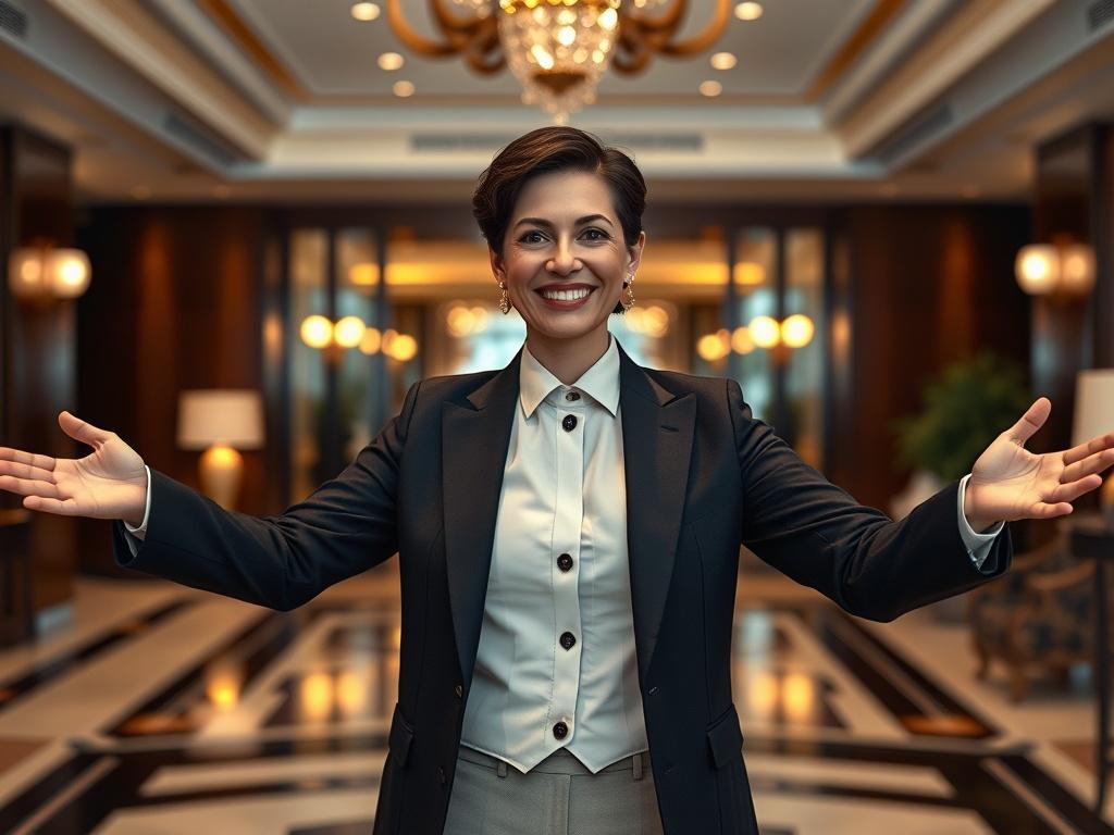 A smiling hotel manager standing in the lobby with open arms, representing warmth, hospitality, and exceptional guest experience.