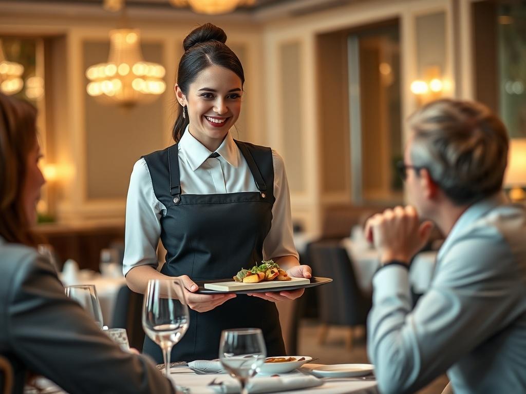 A professional waitress serving a guest at an elegant restaurant, representing hospitality excellence, service skills, and genuine guest care.