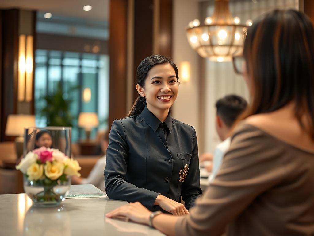 A professional hotel receptionist welcoming a guest with a warm smile at the front desk, representing hospitality, service excellence, and professionalism.