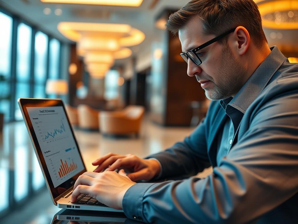 A focused hotel revenue manager analyzing performance data on a laptop, representing strategic thinking and financial leadership in hospitality.