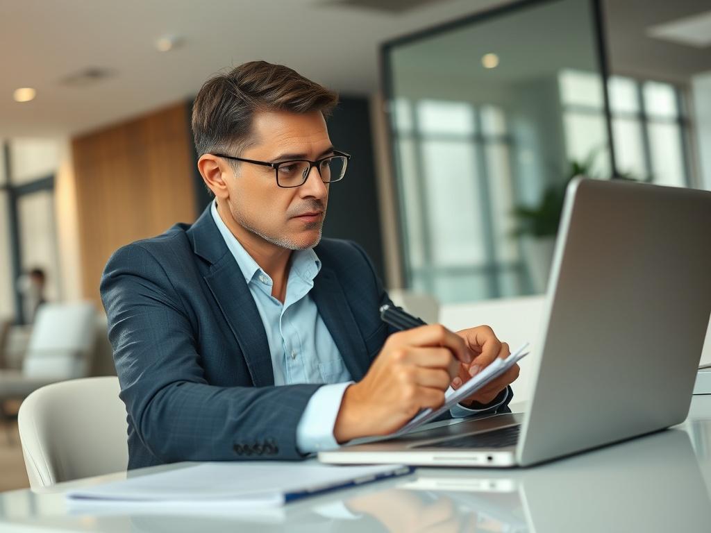 A financial hotel manager analyzing cost reports on a laptop, representing precision, accountability, and strategic decision-making in hospitality.
