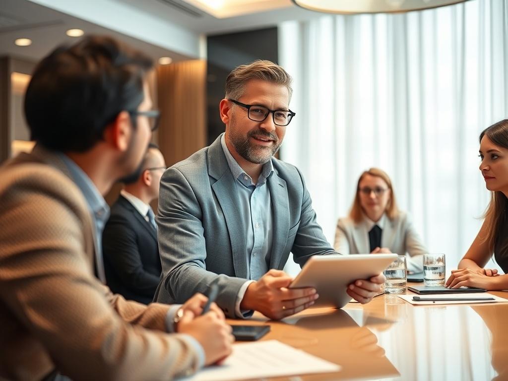 A confident hotel manager leading a team meeting in a bright conference room, symbolizing leadership, communication, and strategic hospitality management.