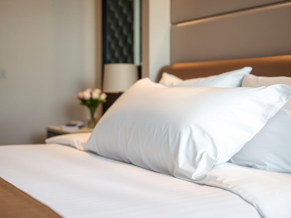 A neatly made hotel bed with crisp white linens and soft pillows, symbolizing cleanliness, comfort, and attention to detail in professional housekeeping.
