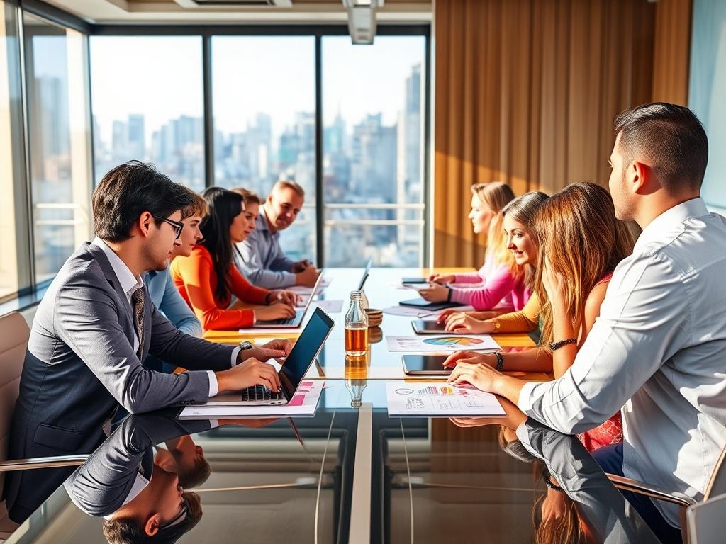 A vibrant and dynamic team meeting in a modern conference room, with diverse professionals engaged in a brainstorming session. The table is filled with colorful branding materials and digital devices. The atmosphere is energetic and collaborative, showcasing teamwork and innovation. The background features a large window with natural light flooding in, highlighting the importance of creativity in branding strategies. Use warm tones with an emphasis on the rgb(250, 115, 45) primary color in decor elements.