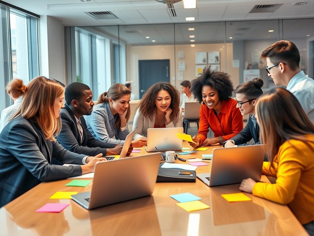 A vibrant, high-resolution photo of a diverse group of professionals engaged in a dynamic workshop session. They are gathered around a large table with colorful post-it notes and laptops. The room is well-lit, showcasing creativity and collaboration. The atmosphere is lively, with participants actively discussing and sharing ideas, embodying teamwork and enthusiasm.