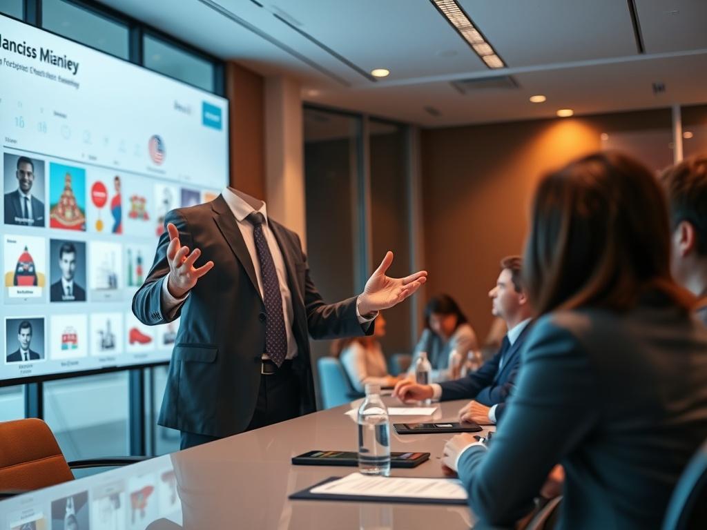 A sleek, high-resolution image of a confident business leader presenting a forward-thinking brand strategy. The setting is a modern conference room with a large screen displaying brand concepts. The leader is gesturing towards the screen, engaging an attentive audience. The atmosphere is professional and inspiring, reflecting ambition and forward-thinking.