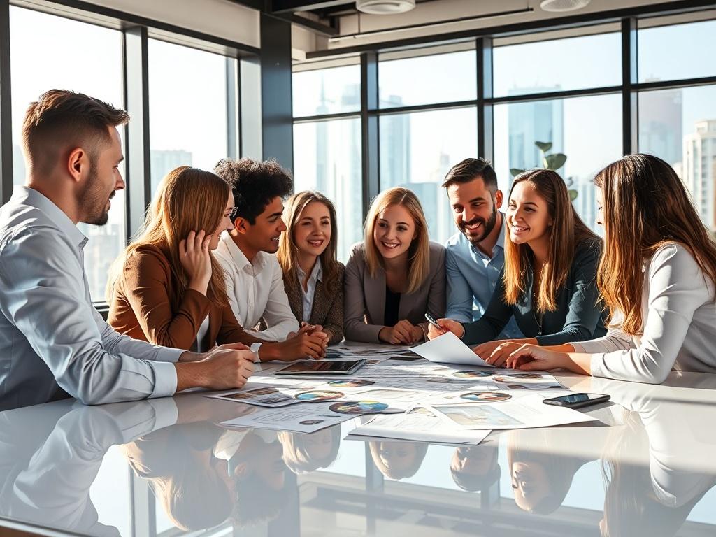 A glossy, high-resolution image of a team in a modern office brainstorming ideas for brand positioning. The setting should be bright and inviting, with a large window showing a cityscape in the background. The team is diverse, engaged in discussion, with brand-related materials scattered on the table. The overall feel should be energetic and creative, highlighting collaboration and innovation.