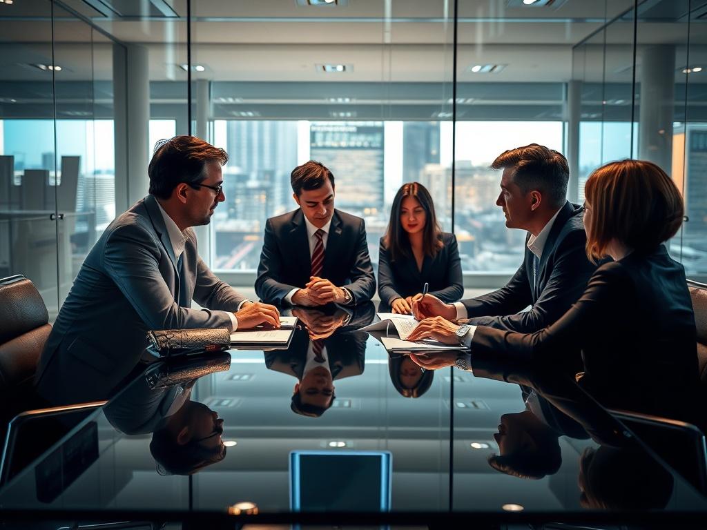 A high-resolution image of a strategic brand management meeting in progress, with business professionals discussing and analyzing brand strategies. The atmosphere should reflect professionalism and focus on growth.