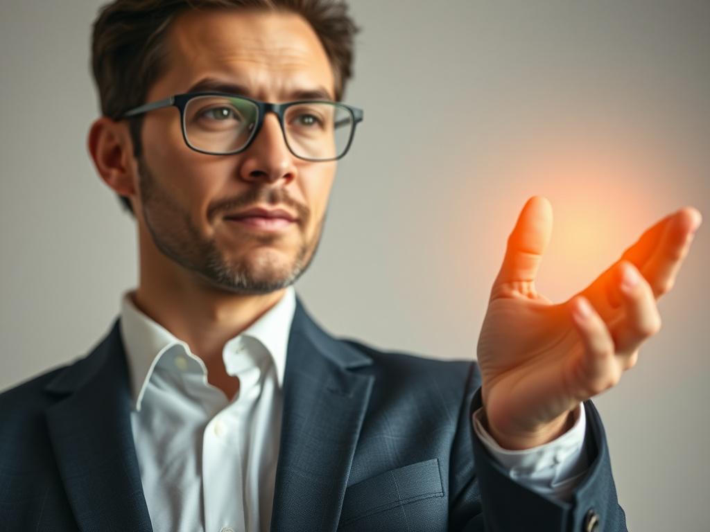 A hyper-realistic close-up photo of a confident executive presenting a visionary brand concept, shot with a 45mm f/1.2 lens style, minimalistic background in rgb(250, 115, 45).
