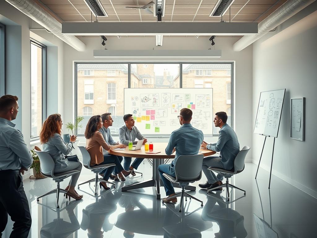 A realistic high-resolution photo of a modern workshop setting. The room is bright and spacious, with a round table in the center surrounded by diverse professionals engaged in discussion. There are colorful sticky notes on the table and a large whiteboard filled with diagrams and ideas. The background should have large windows letting in natural light, creating a productive and inspiring atmosphere. The color scheme should include the primary color rgb(250, 115, 45) as accents.