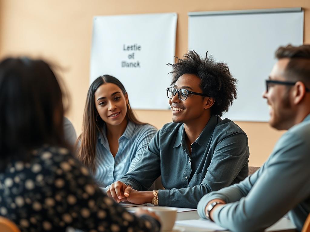 A hyper-realistic close-up photo of a diverse group of professionals engaged in a creative workshop session, shot with a 45mm f/1.2 lens style, warm rgb(250, 115, 45) background.