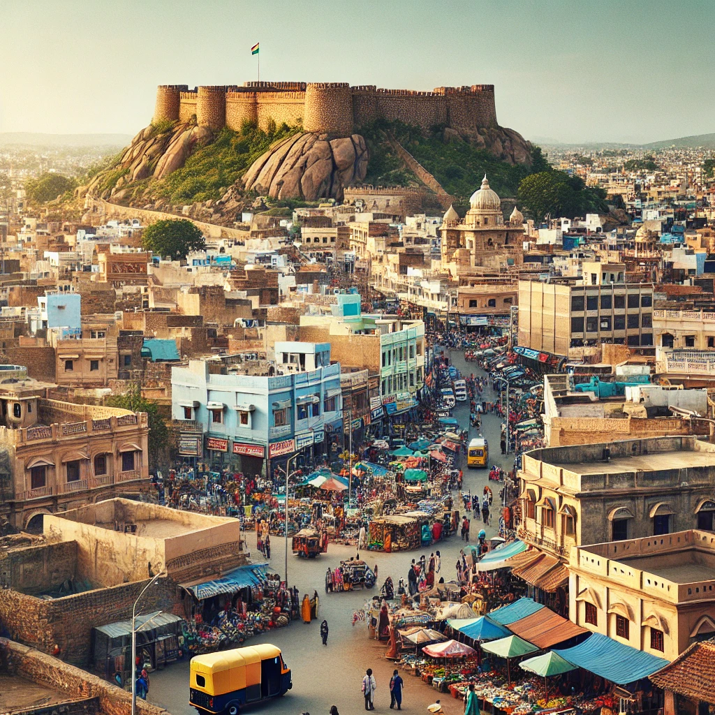 dall·e 2024-08-06 10.41.03 - a picturesque view of bellary city, showcasing a blend of historic and modern architecture. in the foreground, the historic bellary fort can be seen a.webp