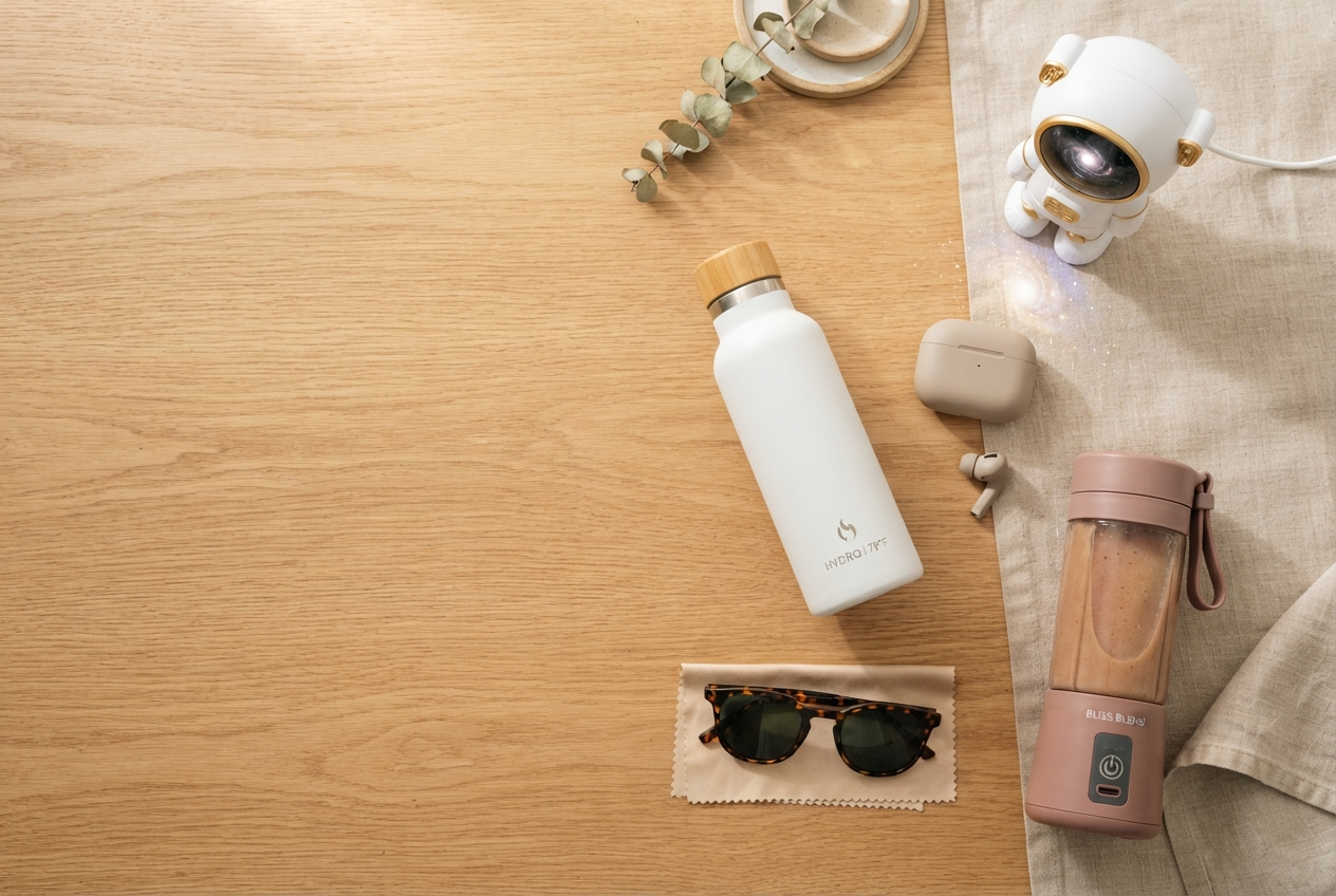 Flat lay of TrendHive's trending products: galaxy projector, earbuds, smart water bottle, sunglasses, and portable blender