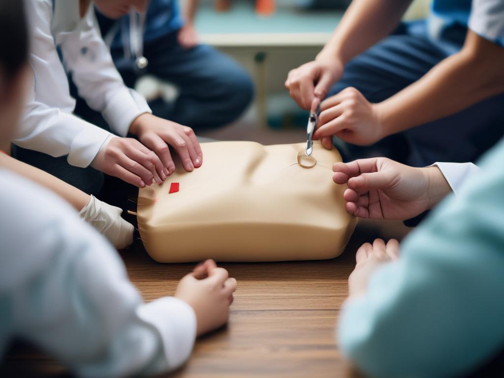 **AI Image Generation Prompt:**

Create a realistic high-resolution photo that captures the essence of workplace first aid training, titled "L'importance du secourisme en entreprise." The composition should be simple and clear, featuring one subject: a confident and attentive workplace safety trainer demonstrating CPR techniques. The trainer should be a diverse middle-aged man, dressed in professional but approachable attire, such as a navy blue polo shirt and dark slacks. He should be engaged in a dynamic 