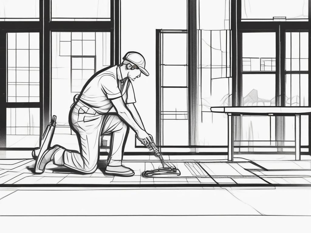 A high-quality illustration of a professional flooring installation scene. The image should depict a skilled worker installing laminate flooring in a spacious, well-lit room with a clean, modern design. The worker should be focused on precision, using tools for cutting and fitting the flooring. The background should feature partially installed floors, tools, and a subtle hint of natural light coming through a window, creating an inviting atmosphere. The overall style should be crisp black line drawing, emph
