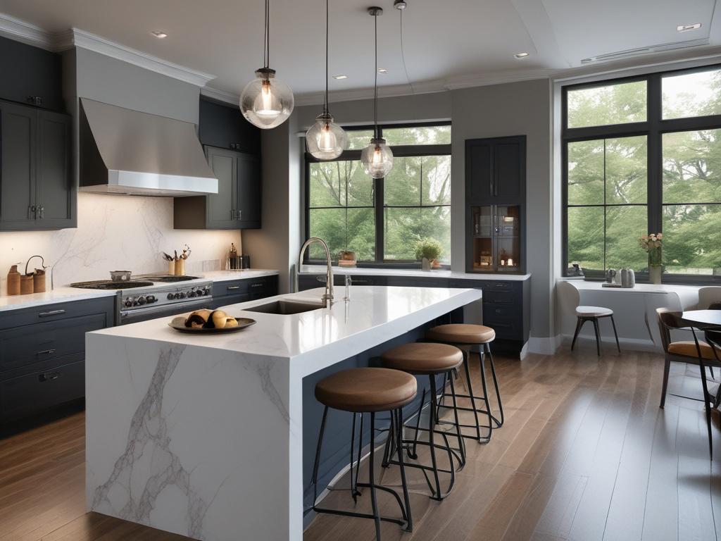 A beautifully renovated modern kitchen featuring sleek cabinetry, elegant countertops, and bright lighting. The composition should focus on the kitchen's centerpiece, a large island with bar stools. The background should be softly blurred, highlighting the kitchen's stylish decor and appliances. The image should have a warm, inviting atmosphere, shot in high-resolution with a 45mm f/1.2 lens style, showcasing the quality and detail of the renovation.