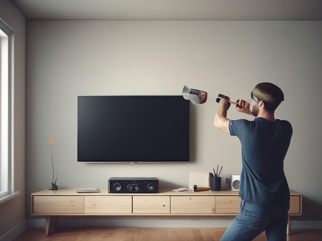 A hyper-realistic close-up image of a professional technician mounting a flat-screen TV on a living room wall. The technician uses a level tool to ensure the TV is perfectly aligned. The background features a modern living room with stylish decor, soft lighting, and a minimalist design. The focus is on the technician's hands and the TV mount, with a shallow depth of field that blurs the background slightly. The overall color palette of the image should harmonize with rgb(50, 170, 39).