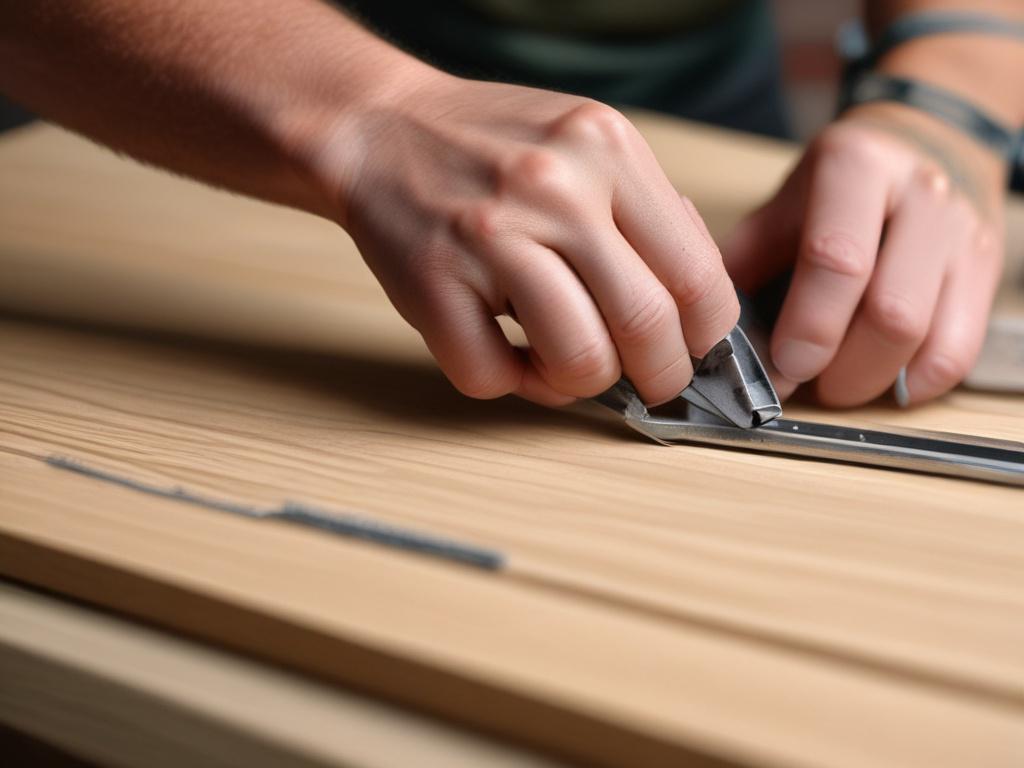 A hyper-realistic close-up shot of a professional technician assembling a modern wooden dining table. The focus is on the technician's hands as they carefully tighten a screw on the table leg, showcasing attention to detail. The background is softly blurred, highlighting the craftsmanship of the furniture, with warm, natural lighting enhancing the wood's texture. The primary color green (rgb(50, 170, 39)) subtly accents the scene, perhaps in the form of plants or decor in the background.