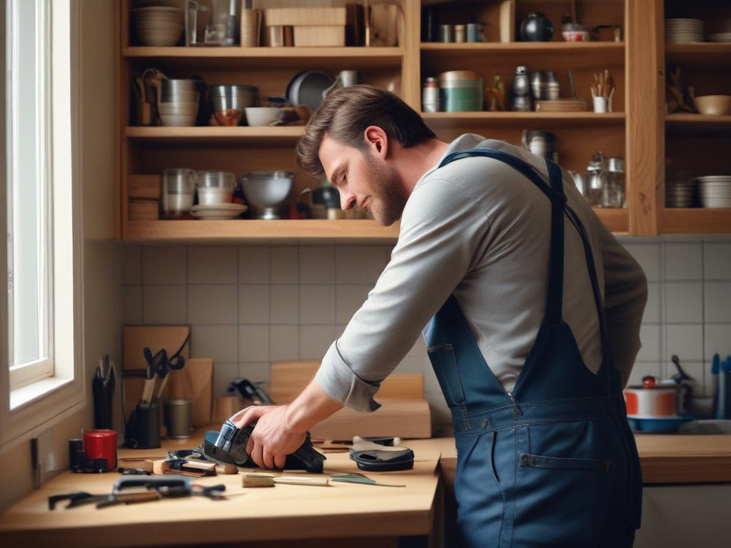 A skilled handyman, wearing a tool belt, attentively repairing a broken cabinet in a well-lit kitchen. The focus is on the handyman as he uses a screwdriver, showcasing his concentration and expertise. The background features clean, modern kitchen elements like a countertop and a window allowing natural light to stream in. The image captures a close-up shot, rendered in high-resolution with a hyper-realistic style, emphasizing the craftsmanship and attention to detail in the handyman's work.