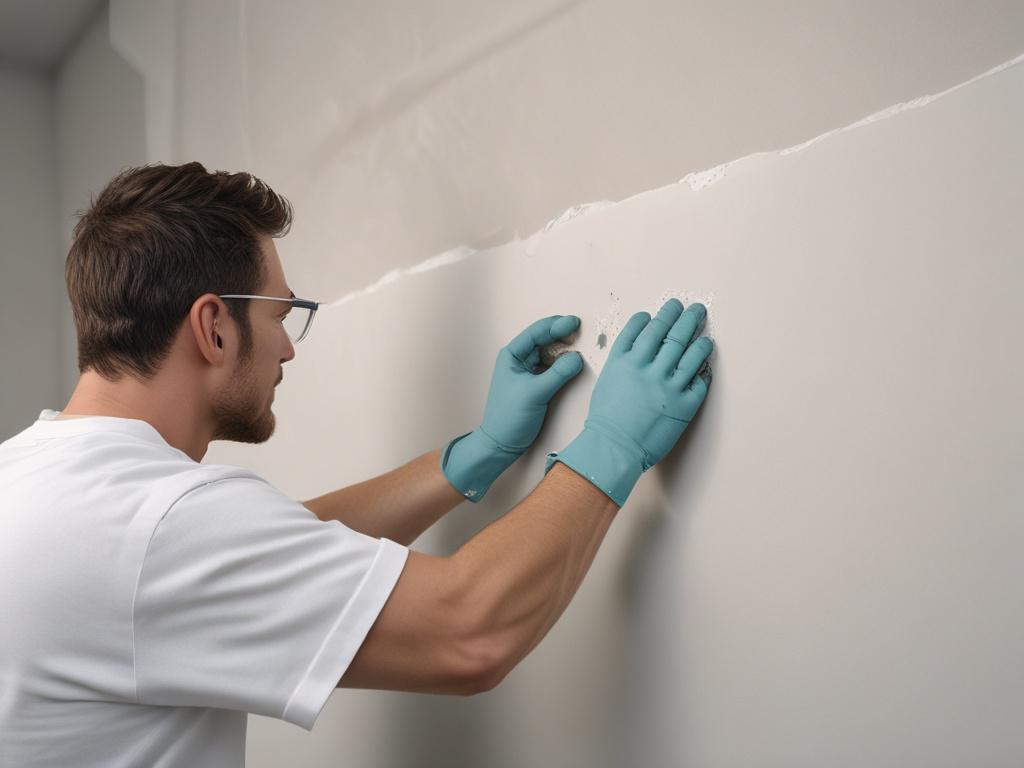 A close-up shot of a skilled technician applying joint compound to a patched drywall area, showcasing the texture and detail of the repair process. The background is a clean, well-lit room, emphasizing the pristine condition of the surrounding walls. The technician is focused on their work, highlighting professionalism and expertise. The image is captured with a 45mm f/1.2 lens, creating a soft bokeh effect that draws attention to the drywall repair.