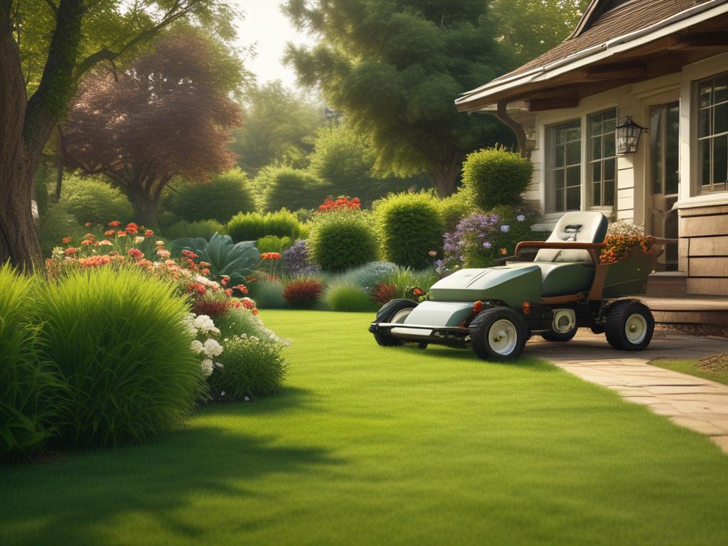 A skilled landscaper cutting grass in a beautifully maintained garden,