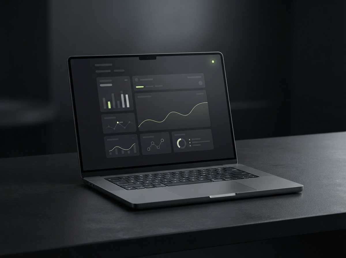 Graphite laptop displaying a dark desktop portfolio interface with a subtle green balance chart