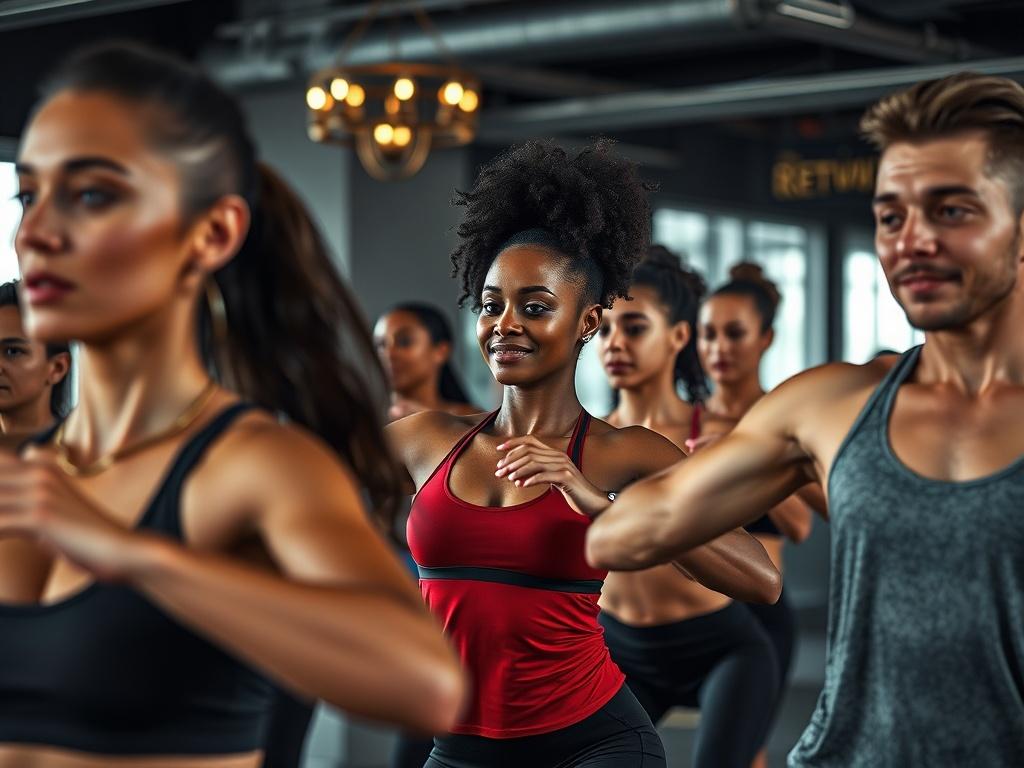 A close-up shot of a group fitness class in session, showcasing individuals of diverse backgrounds engaged in a dynamic workout. The atmosphere exudes energy and connection, with a refined gray, black, and red color palette in the surrounding space, reflecting the luxurious community spirit.
