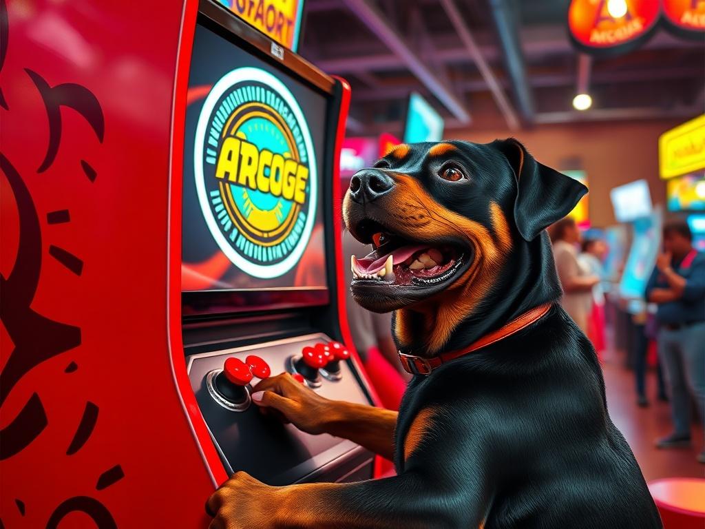 A high resolution, photorealistic image of a Rottweiler joyfully playing