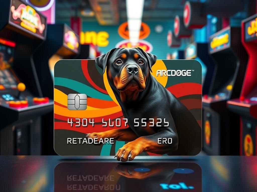 A sleek ARCDOGE prepaid smart card with a vibrant design