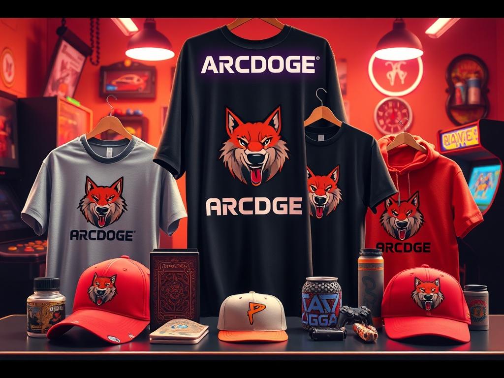 A variety of ARCDOGE merchandise including stylish t shirts, hats,