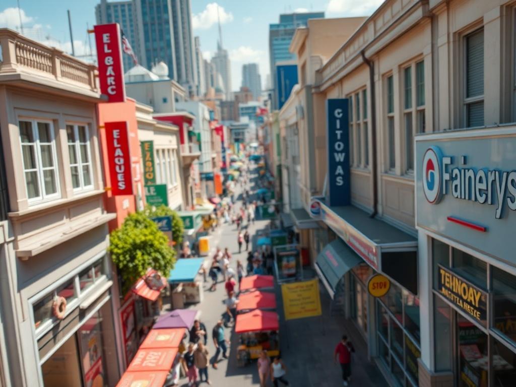 Aerial view of a bustling commercial area, featuring vibrant storefronts