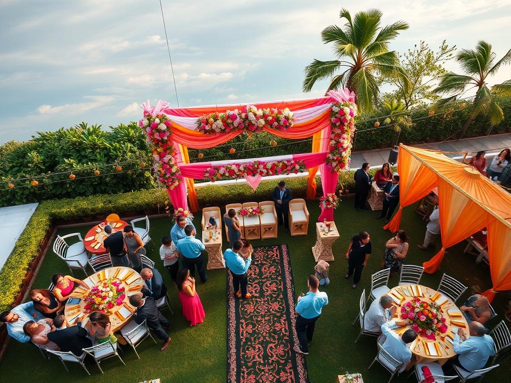 Aerial view of a vibrant outdoor wedding setup, with guests