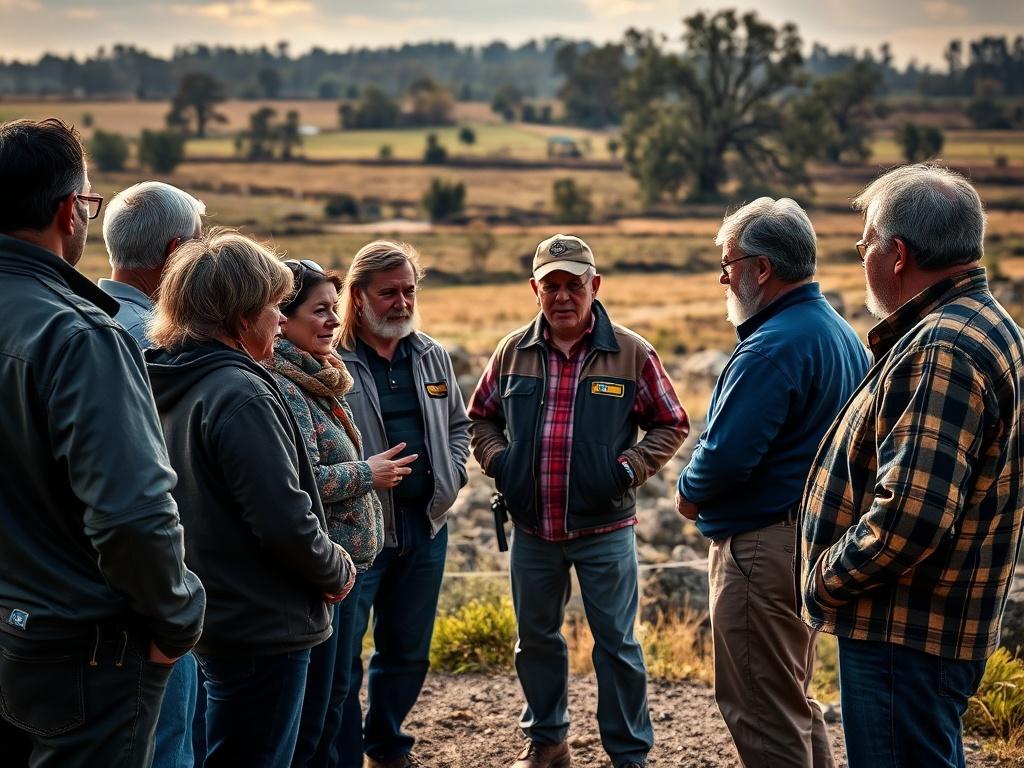 A high-resolution photo of a diverse group of community members engaged in a neighborhood watch meeting. The setting is outdoors in a rural area, showcasing a backdrop of fields and trees. The group is actively discussing safety strategies, with a focus on collaboration and community spirit. The lighting is high-contrast, with deep shadows and striking contrasts between light and dark, capturing the essence of community vigilance.