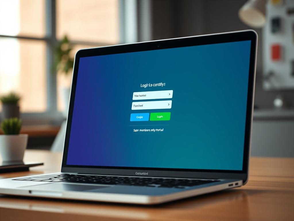 A realistic close-up shot of a laptop screen displaying the login page of a members-only portal. The screen should show user-friendly design elements, with bright colors that match the organization's palette. The background should subtly include a workspace setting, emphasizing a modern and professional atmosphere.