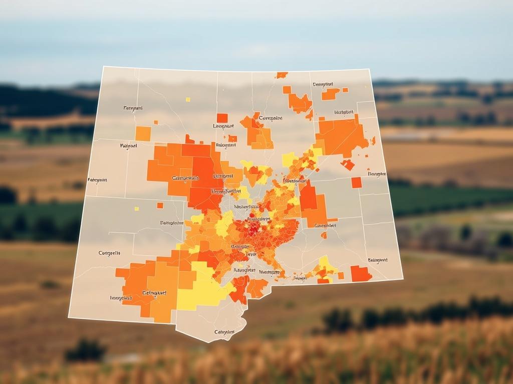 A high-resolution image of a digital map displaying crime data overlaid on a rural landscape. The map should be visually clear, highlighting areas of concern with distinct color coding. In the background, a subtle depiction of the Alberta countryside should be visible, giving context to the rural setting.