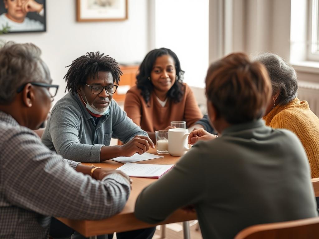 A close-up photograph of a community meeting, showing engaged residents discussing safety strategies around a table. The setting is warm and inviting, with a focus on the participants' expressions of determination and collaboration. Use natural lighting to enhance the atmosphere, and ensure the background is simple yet reflects a community space.