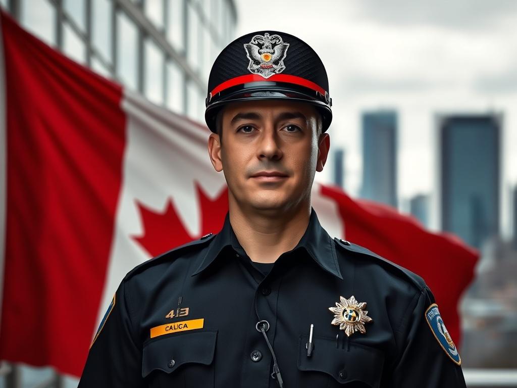 A high-resolution photo of a confident Canadian law enforcement officer standing in front of a Canadian flag, symbolizing collaboration against fraud. The officer is in uniform, with a serious yet approachable expression. The background features a blurred cityscape, emphasizing community safety and protection against cyber-crime. The lighting is high-contrast, with deep shadows and a strong focus on the officer, capturing a sense of vigilance and duty.