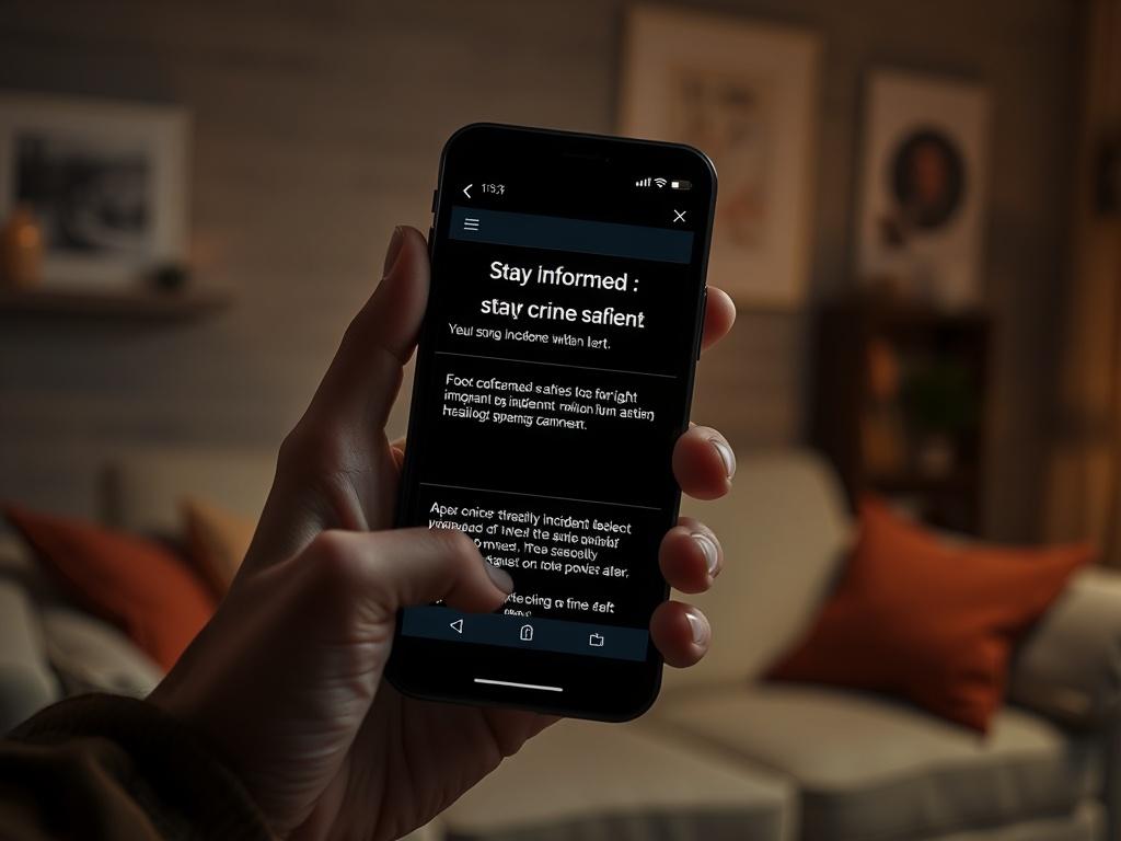 A smartphone displaying a notification screen with real-time crime alerts. The image captures a close-up of the phone held by a concerned resident in a cozy living room setting. The background features soft, warm lighting, creating a sense of urgency and attention. The notification highlights important details about a local crime incident, emphasizing the importance of staying informed for personal safety.