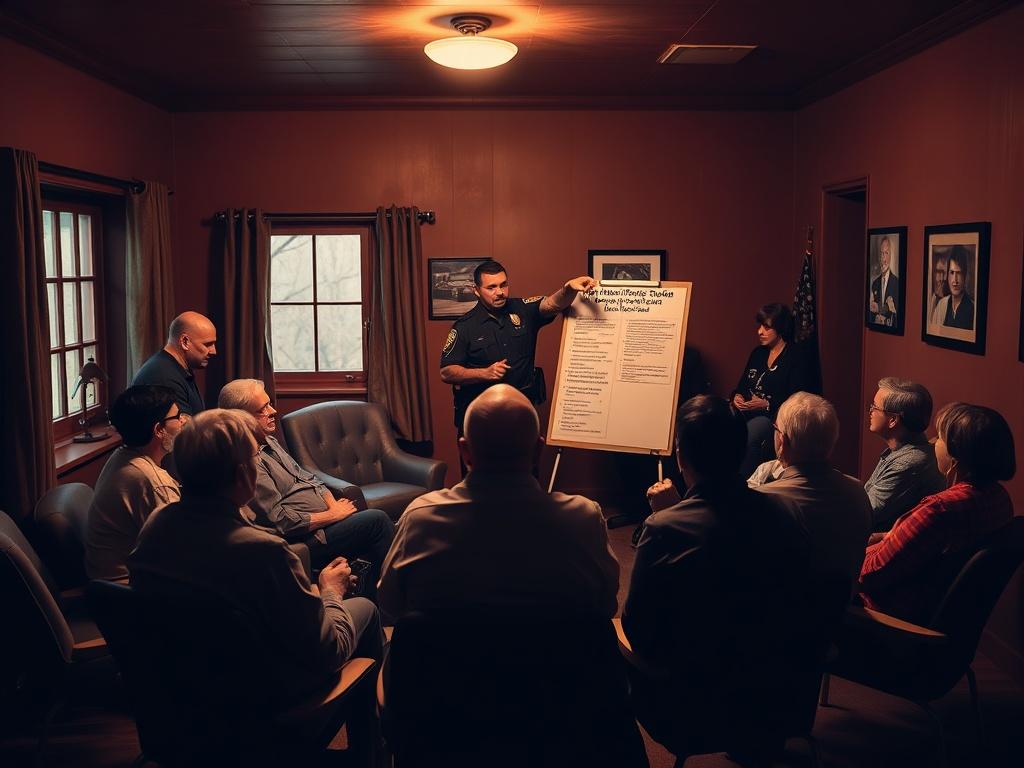 A cozy meeting room with community members seated in a circle, engaged in a discussion about crime prevention. A law enforcement officer stands at the front, pointing to a flip chart with important information. The room is warm and inviting.