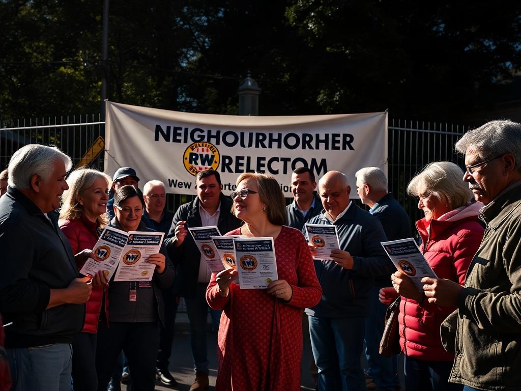 An outdoor community gathering with enthusiastic residents holding flyers for the Neighborhood Watch Program. A banner displays the program's logo in the background. The atmosphere is friendly and inviting, with people chatting and engaging.