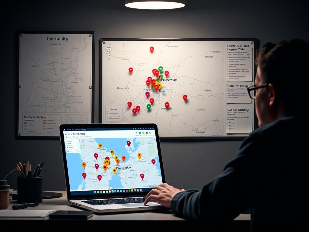 An interactive digital crime map displayed on a laptop screen, showing various crime incidents marked by colorful pins in a rural community. The setting includes a person seated at a desk, analyzing the data with a thoughtful expression. On the wall behind, a map of the local area is pinned with notes and safety tips, emphasizing community engagement and awareness. Bright, clear lighting highlights the digital map.