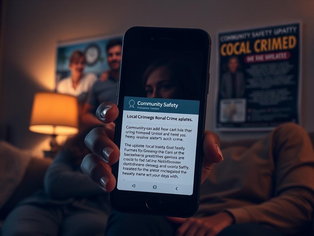 A smartphone displaying a notification alert about local crime updates. The background features a cozy living room setting, with a family member glancing at the phone with a concerned expression. On the wall behind, a community safety poster emphasizes the importance of vigilance and staying informed. The lighting is warm and inviting, creating a sense of urgency and awareness.
