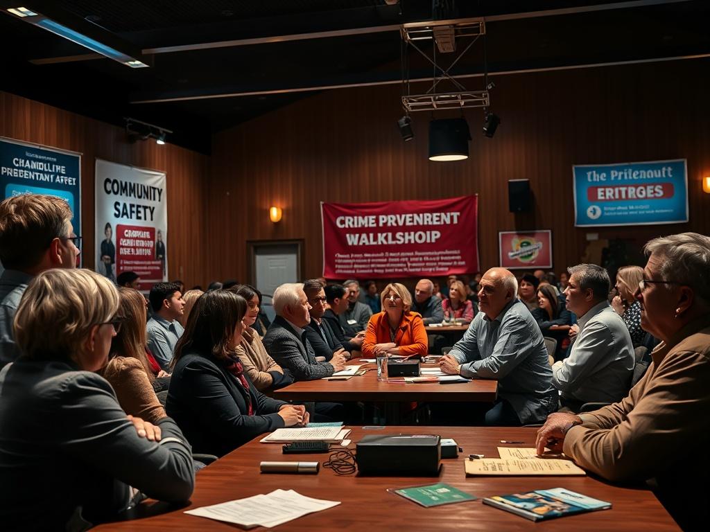A group of engaged adults attending a crime prevention workshop in a well-lit community hall. The scene shows a diverse group of people listening intently to a speaker at the front, who is using a projector to display relevant information. The atmosphere is collaborative, with notes and pamphlets on the tables. The background features banners promoting community safety, with warm lighting enhancing the sense of community engagement.