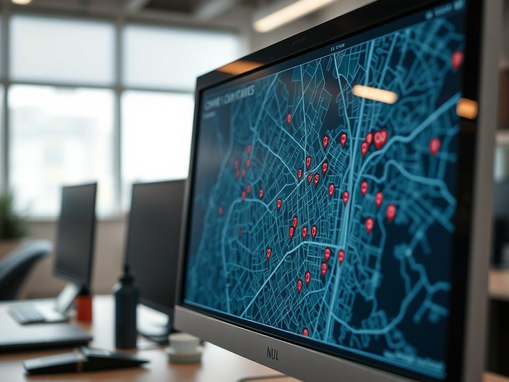 A hyper-realistic close-up of a crime map displayed on a computer screen, showing marked locations of incidents. The background should be a clean, modern workspace, with soft lighting highlighting the map's details. Captured with a 45mm f/1.2 lens style to emphasize clarity.
