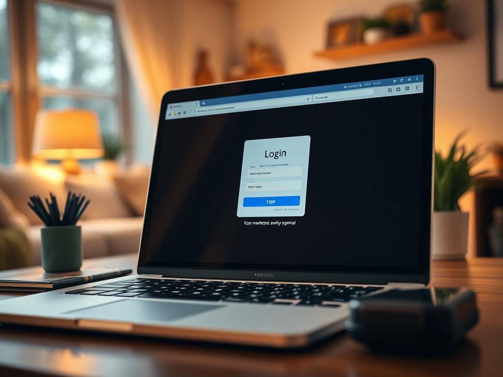 A hyper-realistic close-up of a laptop screen displaying the login page of a members-only portal. The background should feature a cozy home office setting with warm lighting, creating an inviting atmosphere. Captured with a 45mm f/1.2 lens style to highlight the details on the screen.
