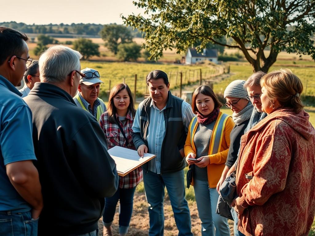 A group of diverse community members engaging in a safety workshop outdoors. The scene includes a mix of ages and backgrounds, illustrating unity and collaboration. The setting shows a picturesque rural backdrop with trees and open fields, emphasizing community spirit. The lighting is bold with deep shadows and high contrast, capturing the essence of teamwork and vigilance.