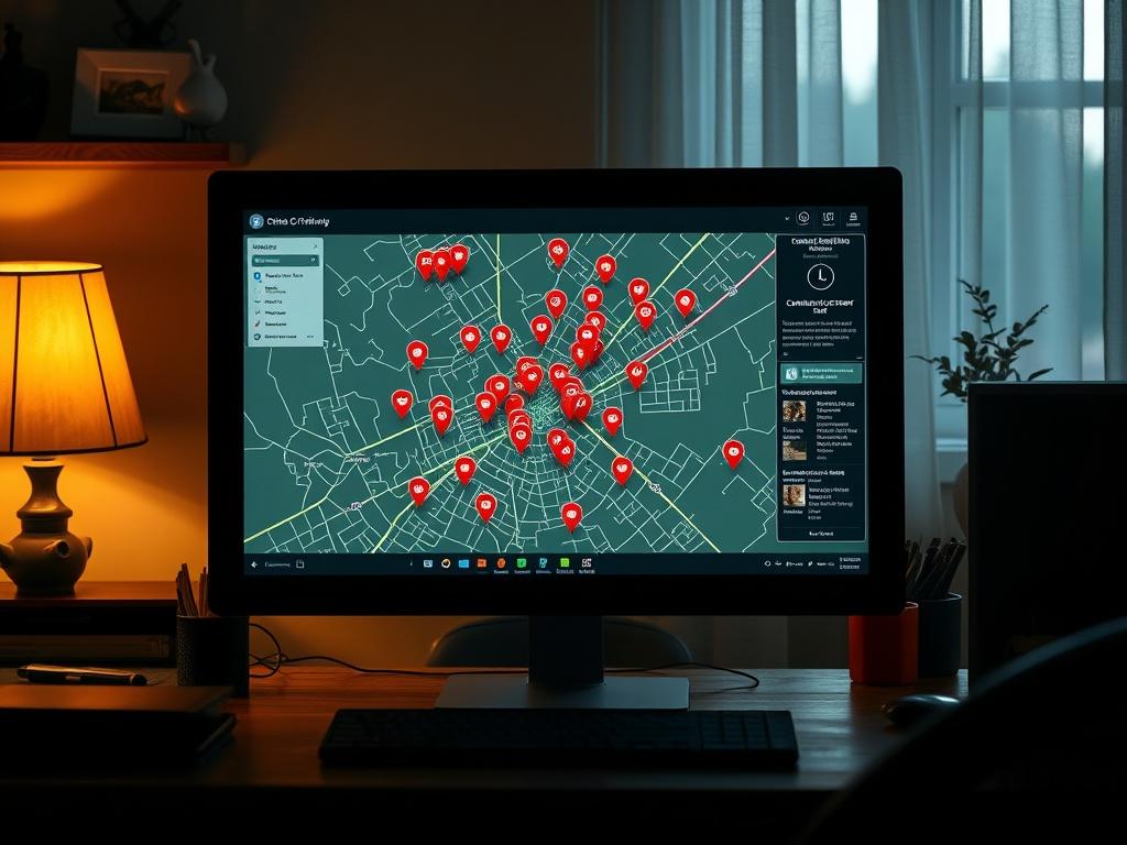 A high-resolution image of a computer screen displaying a digital crime map with various markers indicating crime incidents. The desk setting should include a cozy home environment with warm lighting, emphasizing the importance of community safety.