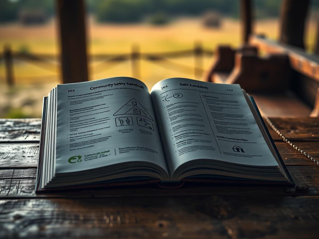 A high-resolution photo of an open community safety handbook on a rustic wooden table, with a warm light illuminating the pages, showcasing diagrams and safety tips. The background should feature a blurred rural landscape to emphasize the community focus.